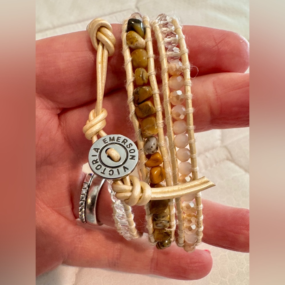 Victoria Emerson 23” Crystal & Neutral Stones in Ivory Leather Bracelet Wrap NEW